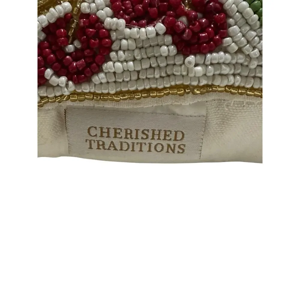 Christmas Throw Pillow Leaves Hand Beaded Gold Accent Holiday Sparkle‎ Rare